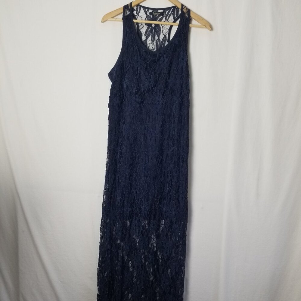 Solitaire racer back lace Navy maxi dress women's size L (177)